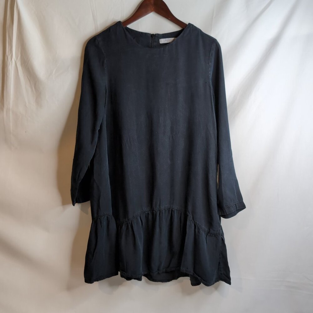 Mango Denim Women's Black Long Sleeve Shift Dress with Frill, Size Medium